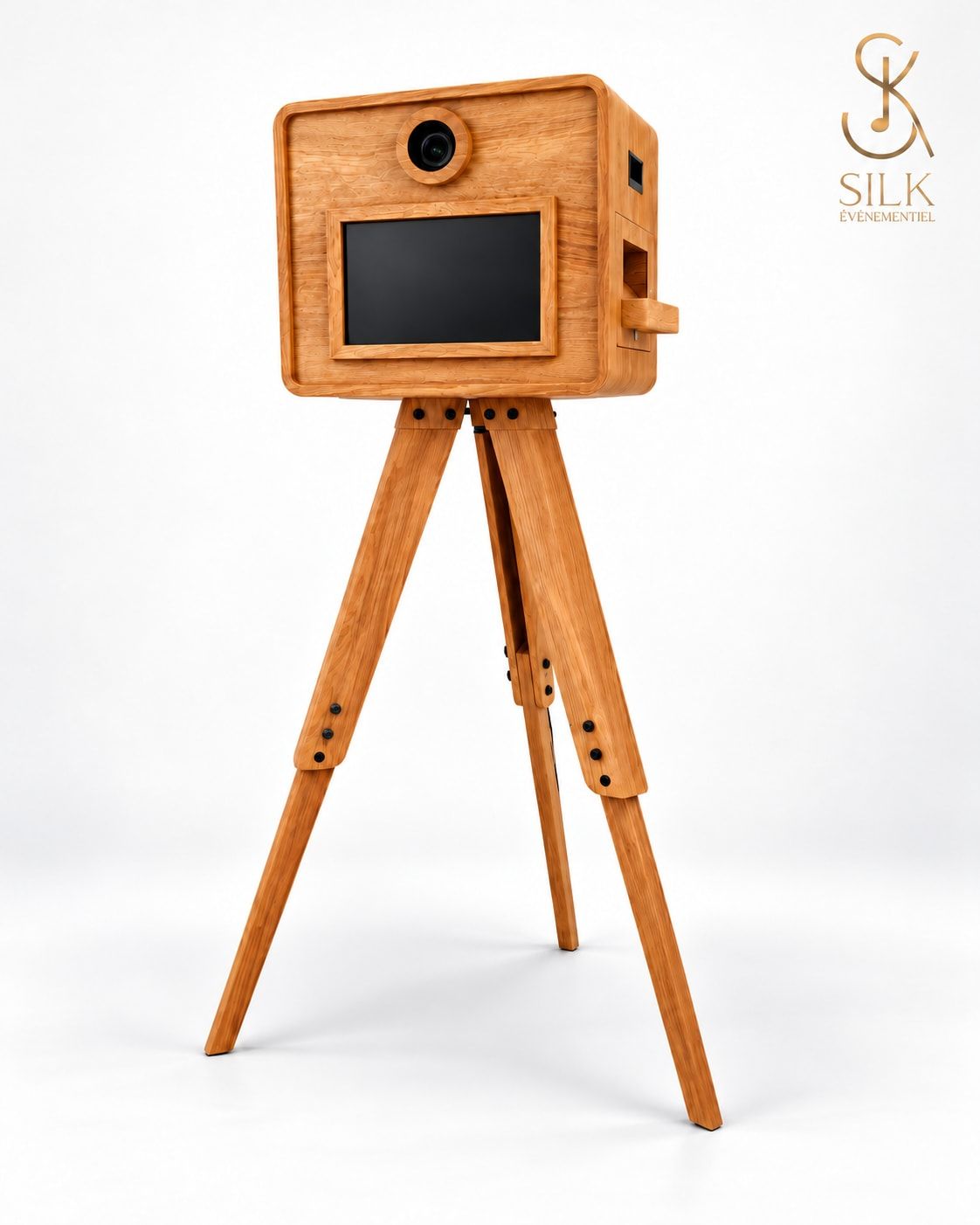 Le Photobooth Signature, en bois, sur son trépied